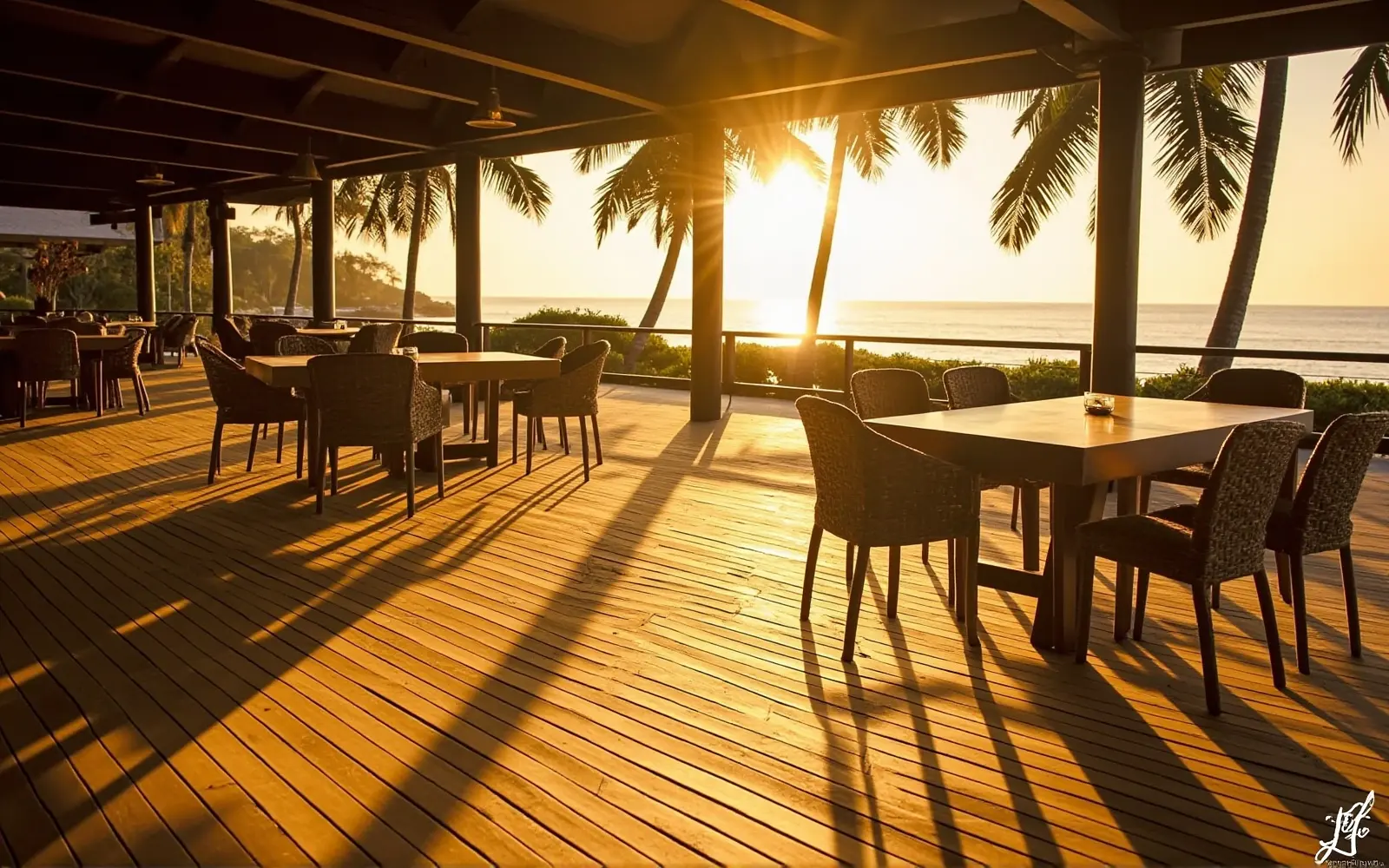 A Thai boutique beach resort terrace at golden hour